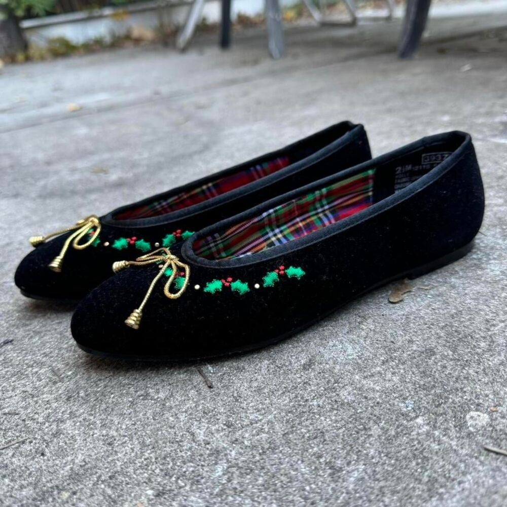 Vintage Ballet Flats Kids Size‎ 2.5 Velvet Freeze Frame Holly Gold Bow Coquette